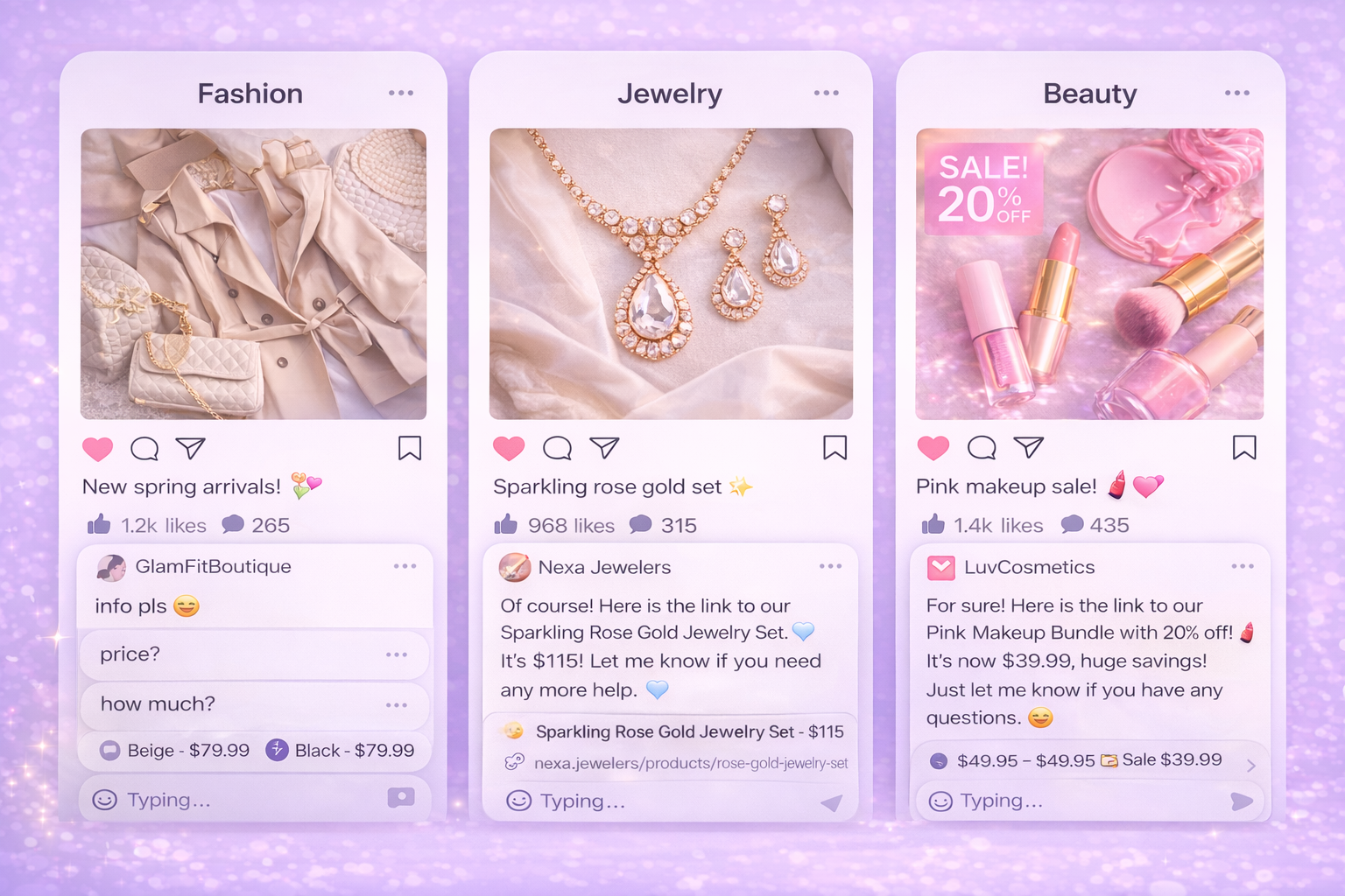 CommentCart showcase for fashion, jewelry, beauty, comments, and DMs